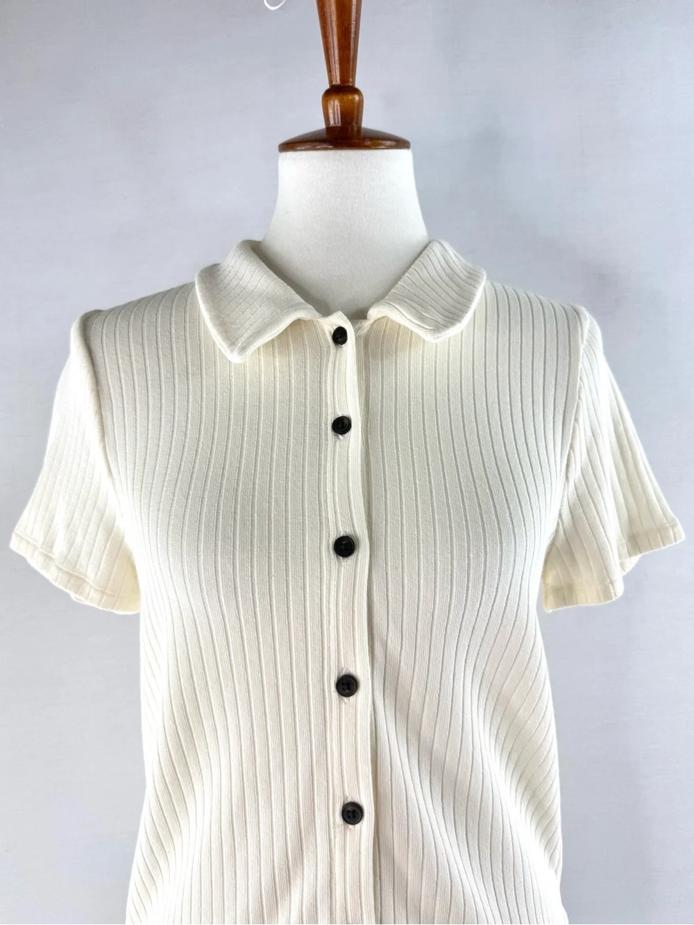 Madewell Cream Ribbed Short-Sleeve Button-Up Polo Top